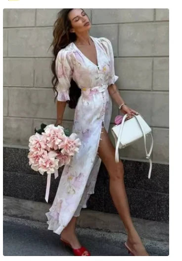 Organza Floral Puff-Sleeve Maxi Dress