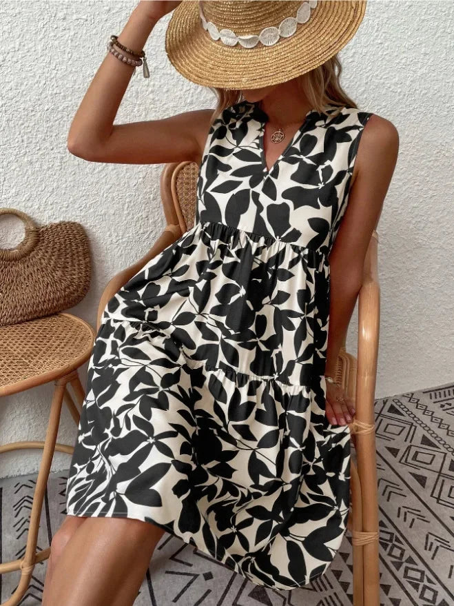 Green Leaf Print Tiered Mini Dress