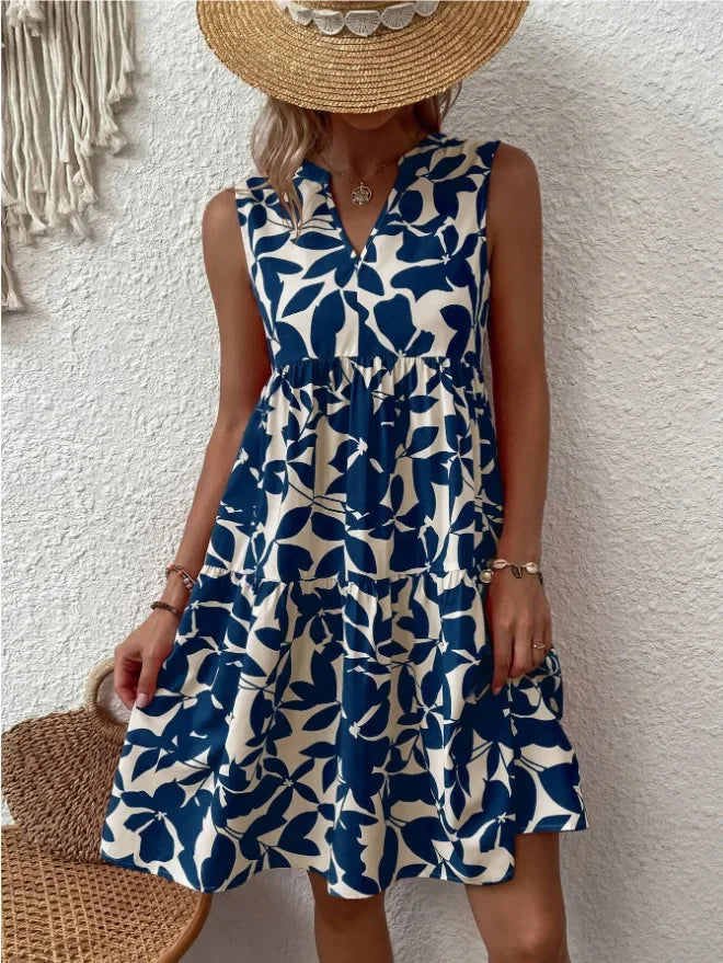 Green Leaf Print Tiered Mini Dress