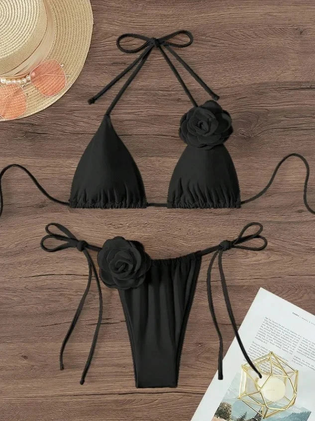3D Floral Halter Strappy Bikini Set
