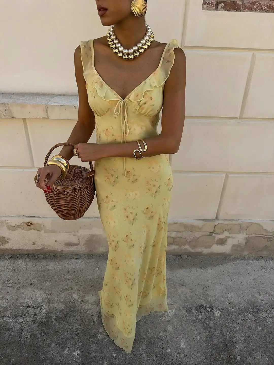 Floral Plunge Backless Maxi Dress