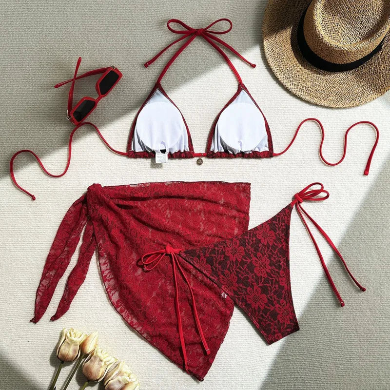 Lace Three-Piece Bikini Set
