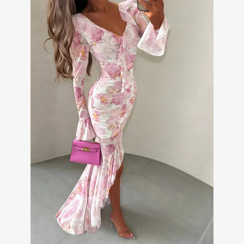 Organza Floral Puff-Sleeve Maxi Dress