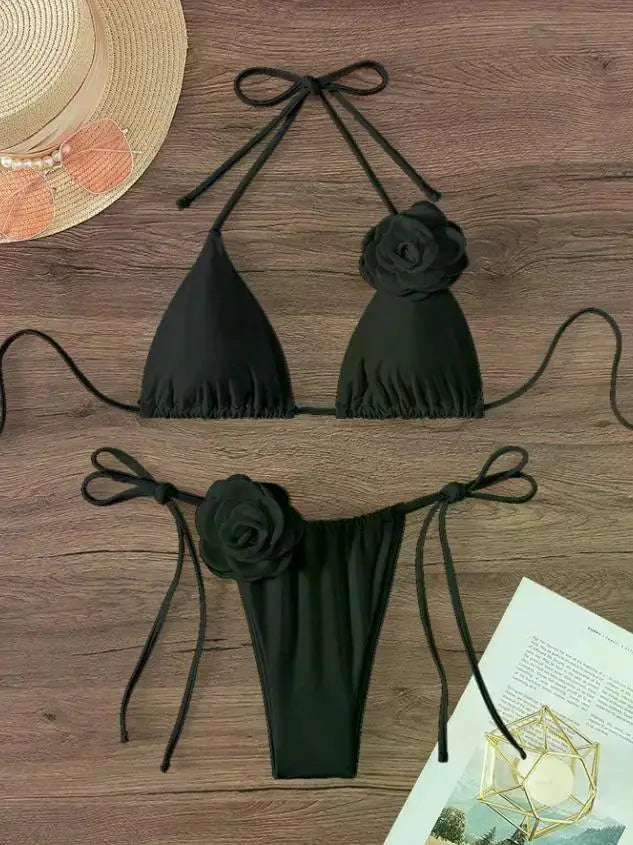 3D Floral Halter Strappy Bikini Set
