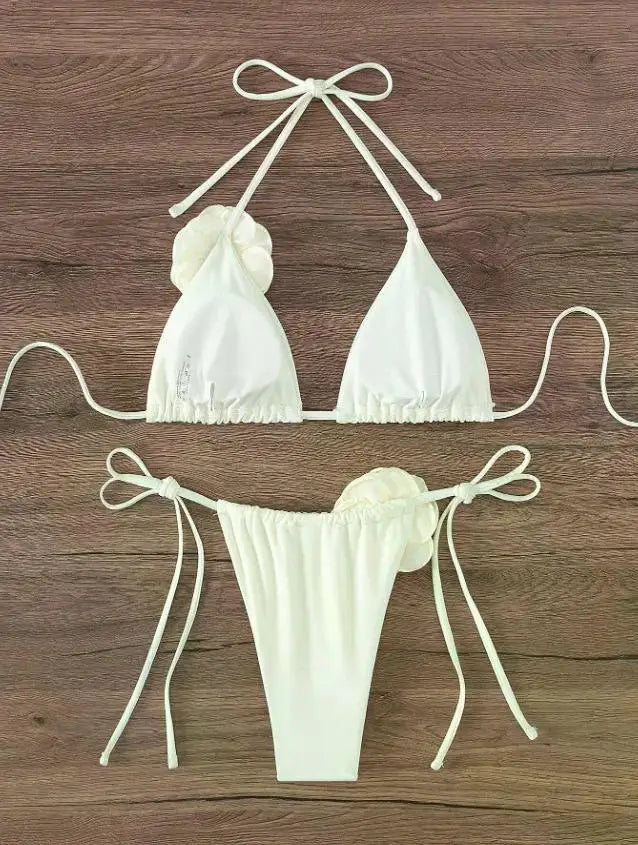 3D Floral Halter Strappy Bikini Set