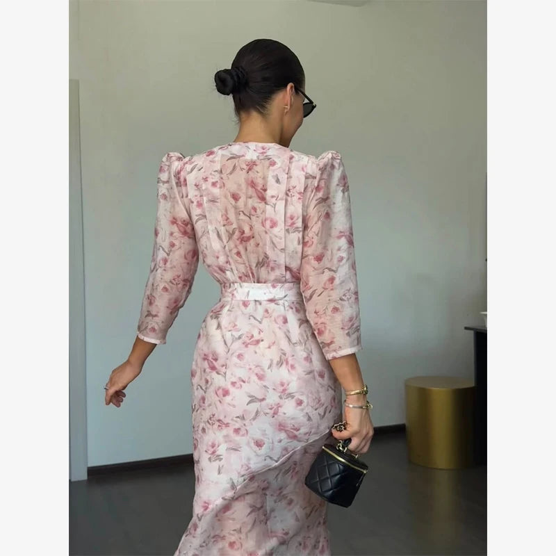 Organza Floral Puff-Sleeve Maxi Dress