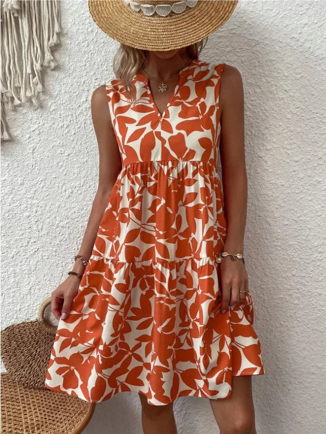 Green Leaf Print Tiered Mini Dress