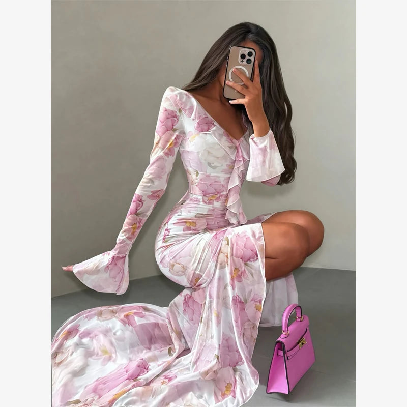 Organza Floral Puff-Sleeve Maxi Dress