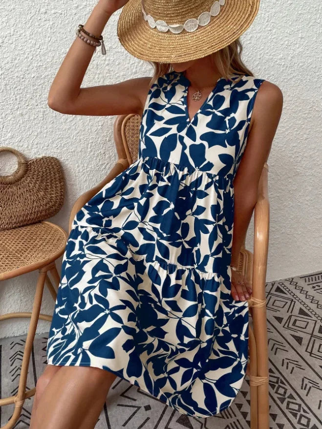 Green Leaf Print Tiered Mini Dress