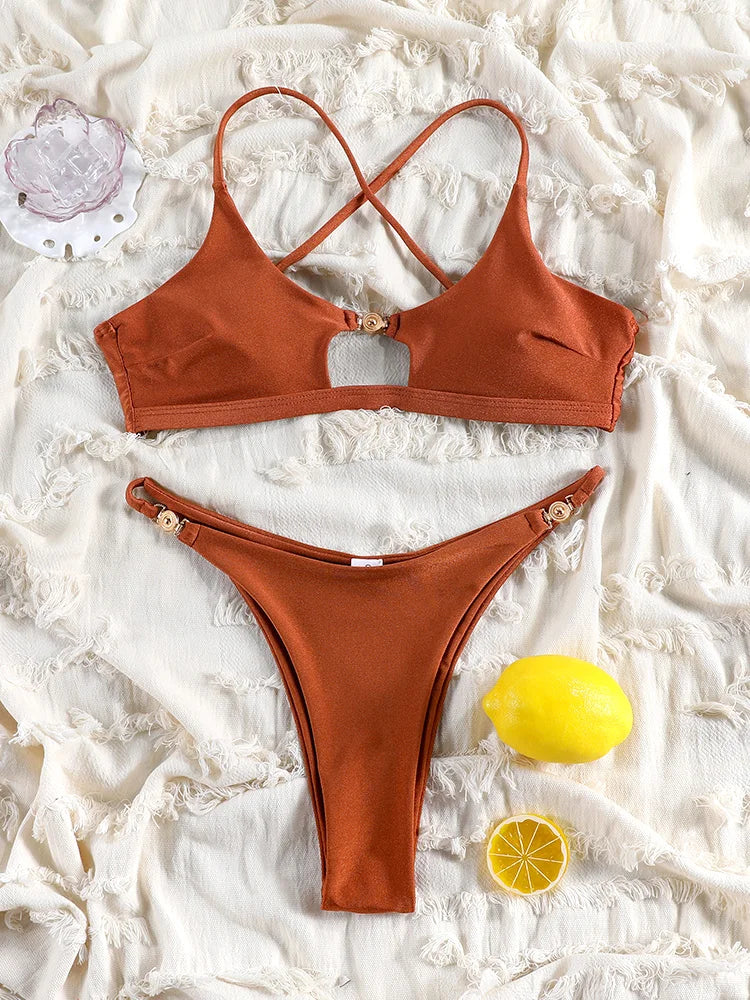 Solid Hollow-Out Push-Up Bikini Set