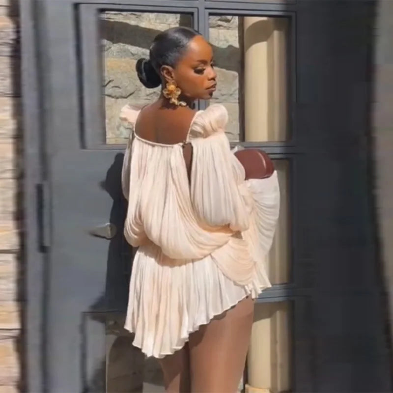 Off-Shoulder Satin Puff-Sleeve Mini Dress