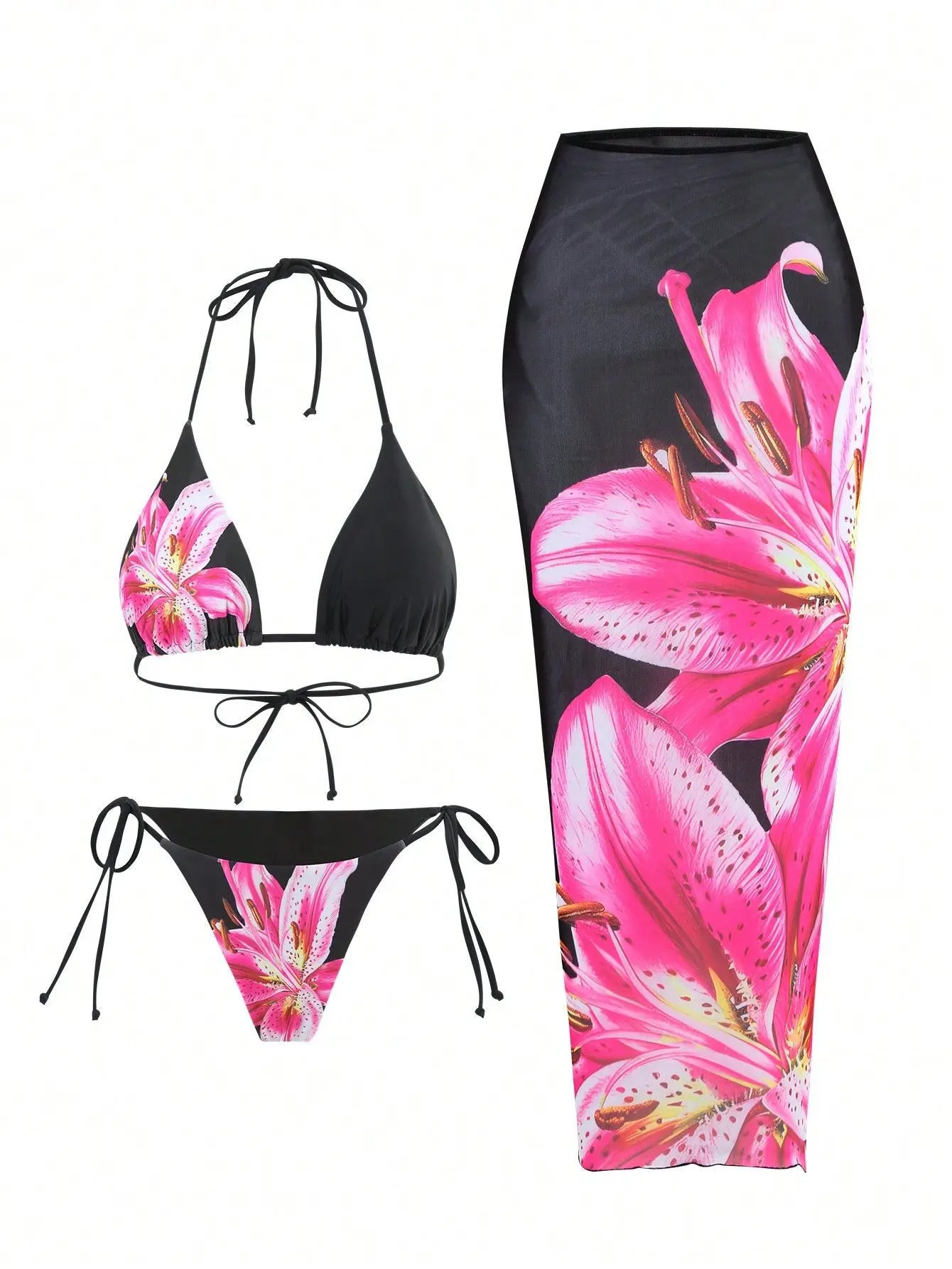 Floral Print 3-Piece High-Waist Bikini Set