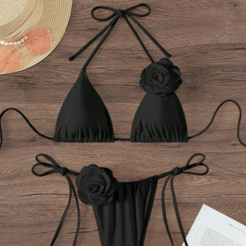 3D Floral Halter Strappy Bikini Set
