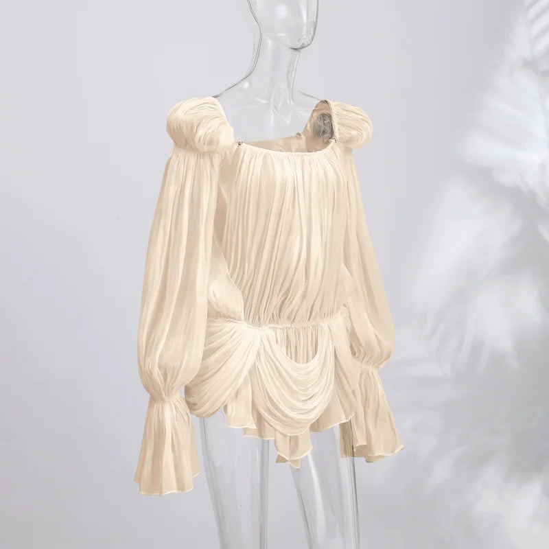 Off-Shoulder Satin Puff-Sleeve Mini Dress