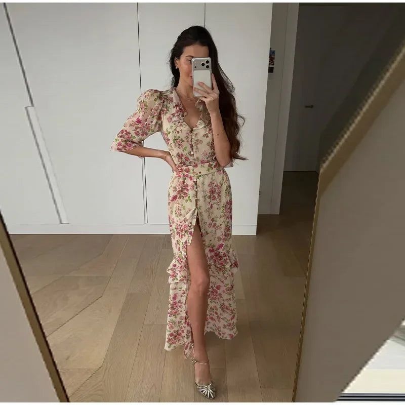 Organza Floral Puff-Sleeve Maxi Dress