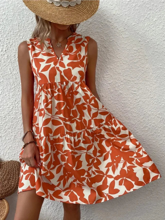 Green Leaf Print Tiered Mini Dress