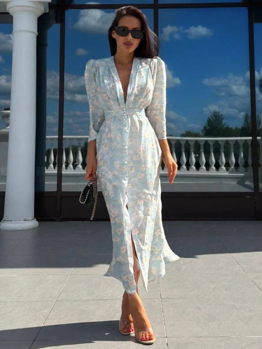 Organza Floral Puff-Sleeve Maxi Dress