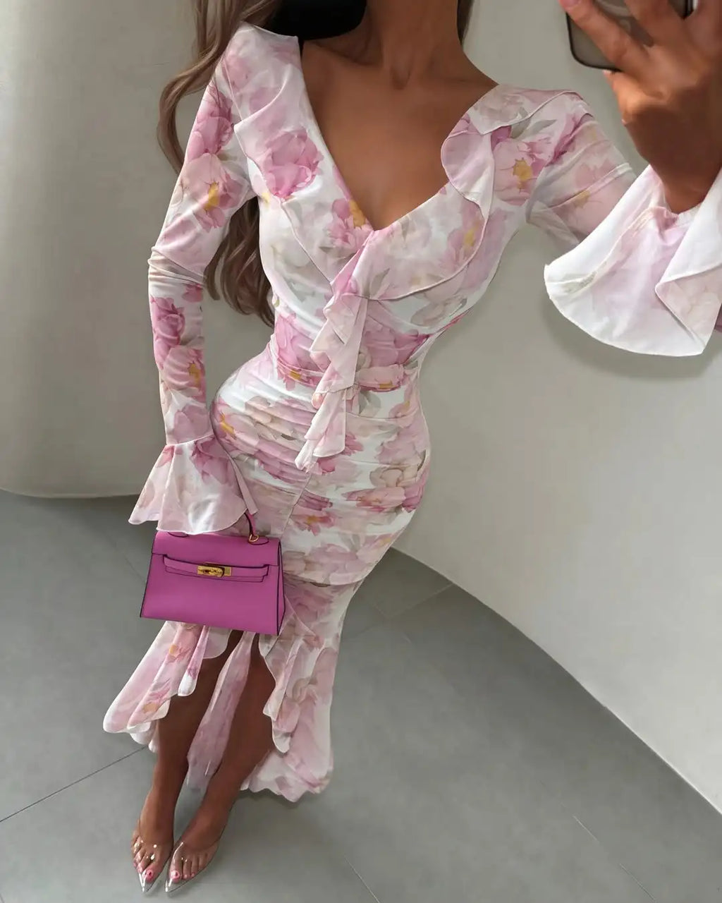 Organza Floral Puff-Sleeve Maxi Dress