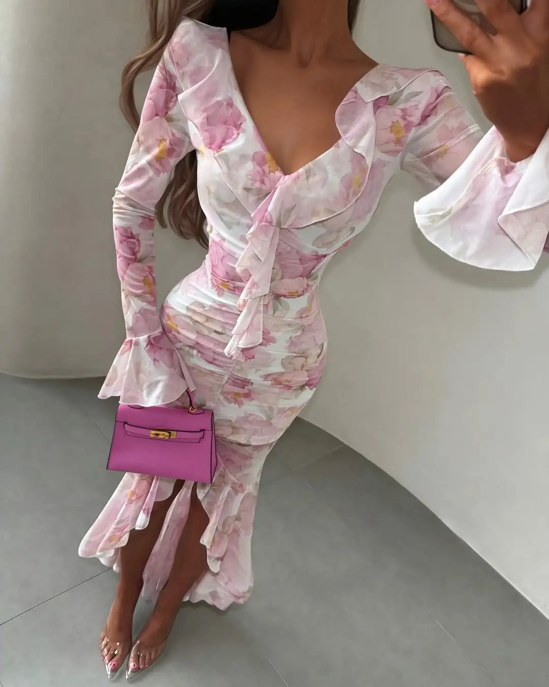 Organza Floral Puff-Sleeve Maxi Dress