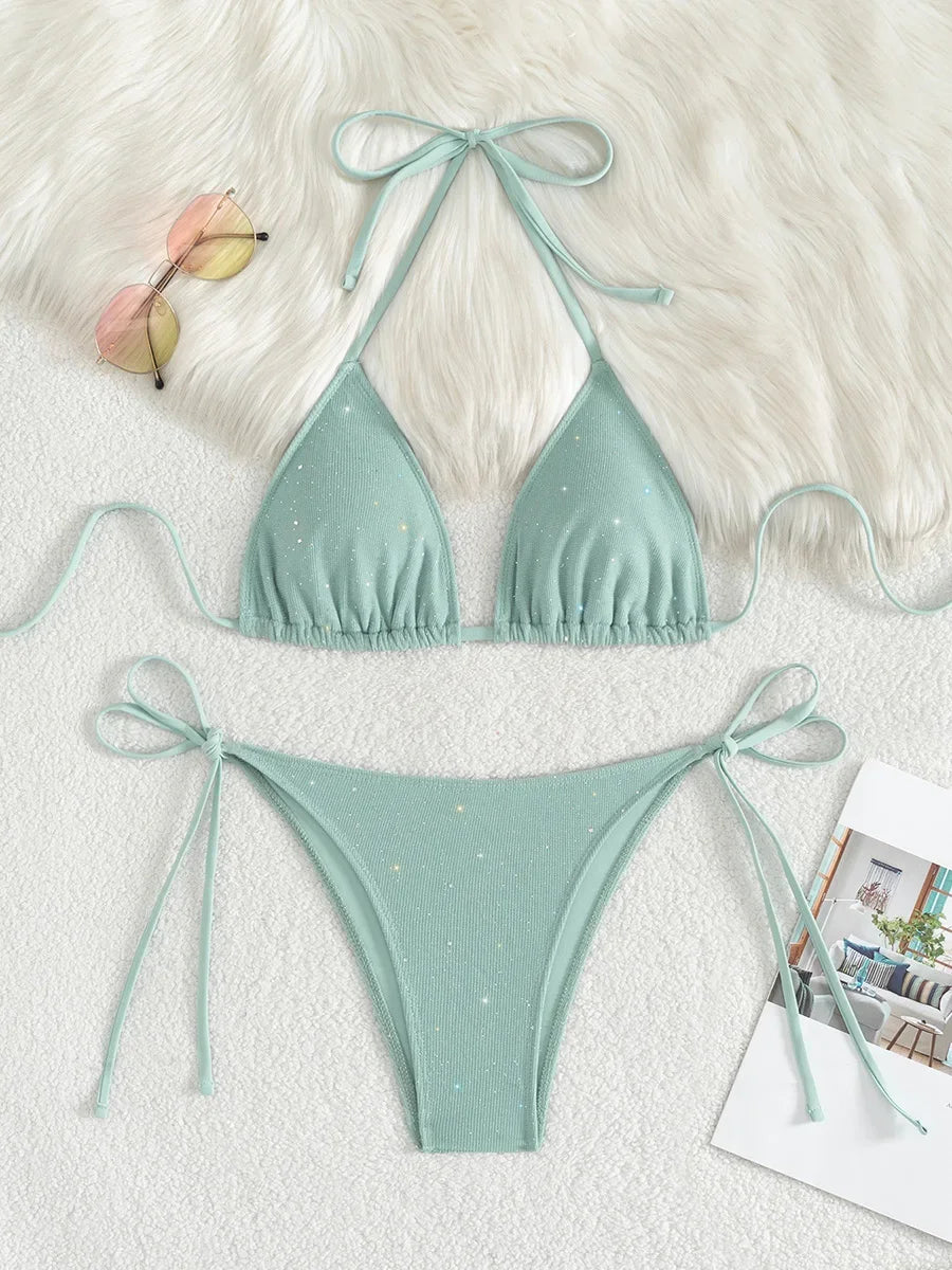 Sparkly Halter High-Cut Bikini