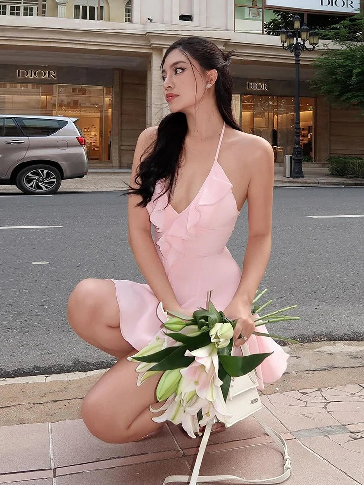 Halter Ruffle Backless Mini Dress