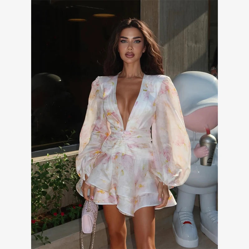 Organza Floral Puff-Sleeve Maxi Dress