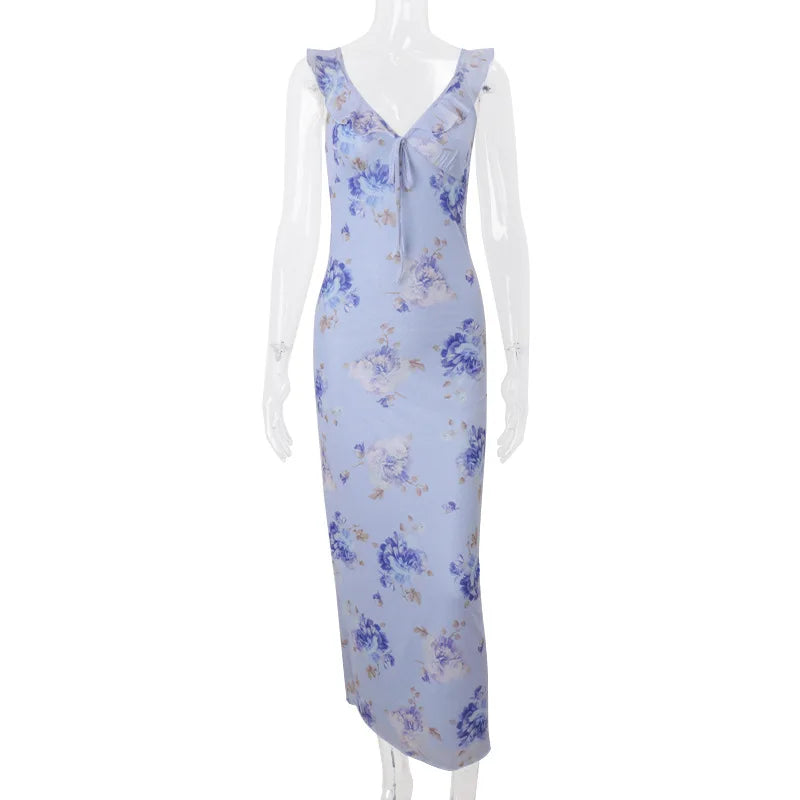 Floral Plunge Backless Maxi Dress
