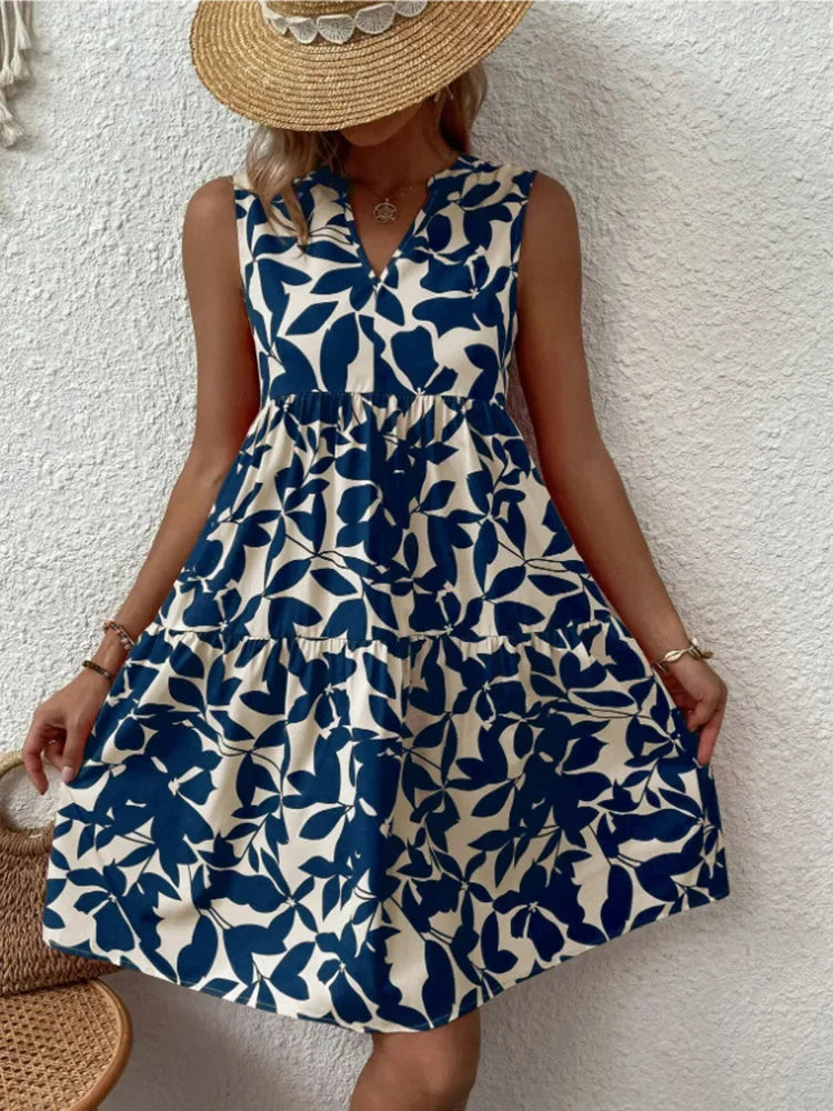 Green Leaf Print Tiered Mini Dress