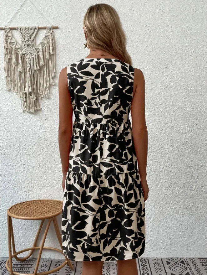 Green Leaf Print Tiered Mini Dress