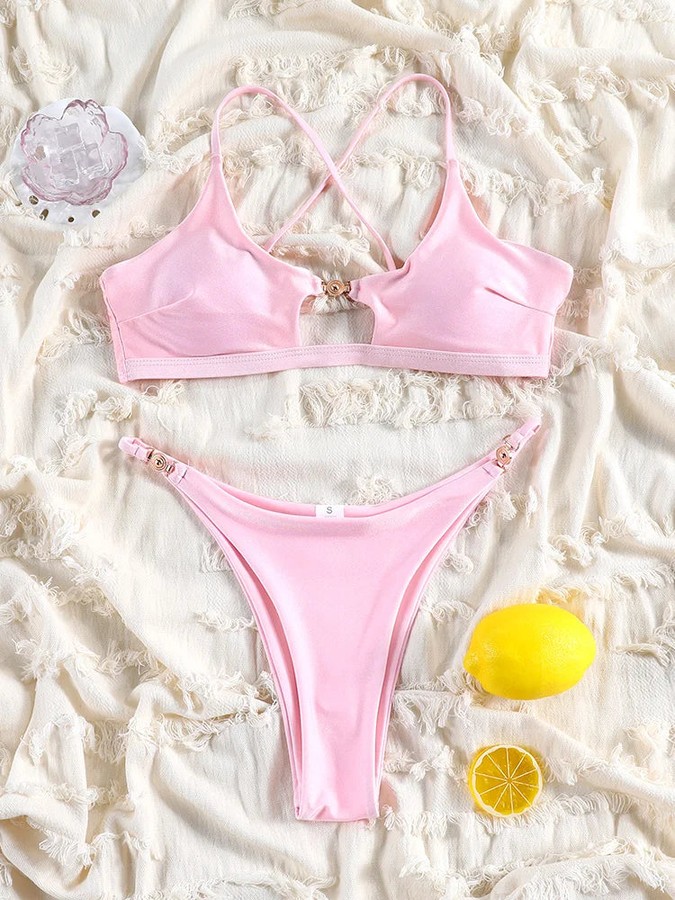 Solid Hollow-Out Push-Up Bikini Set