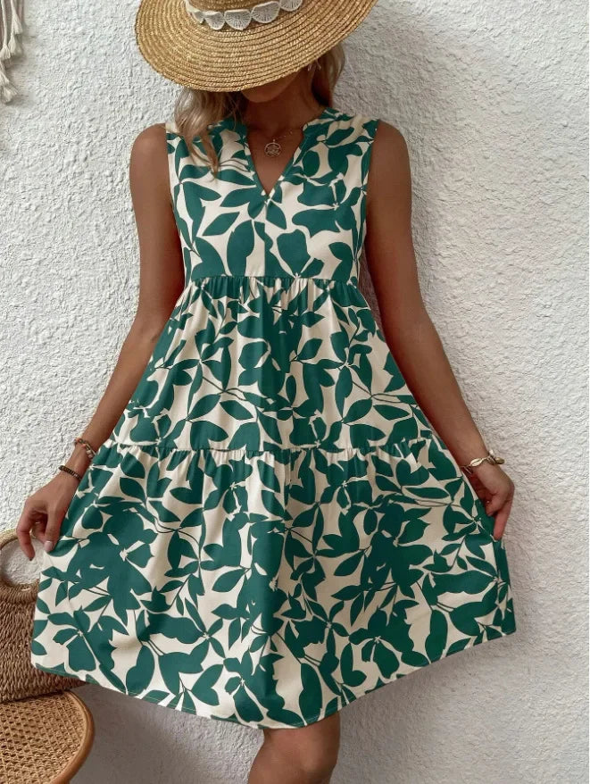 Green Leaf Print Tiered Mini Dress