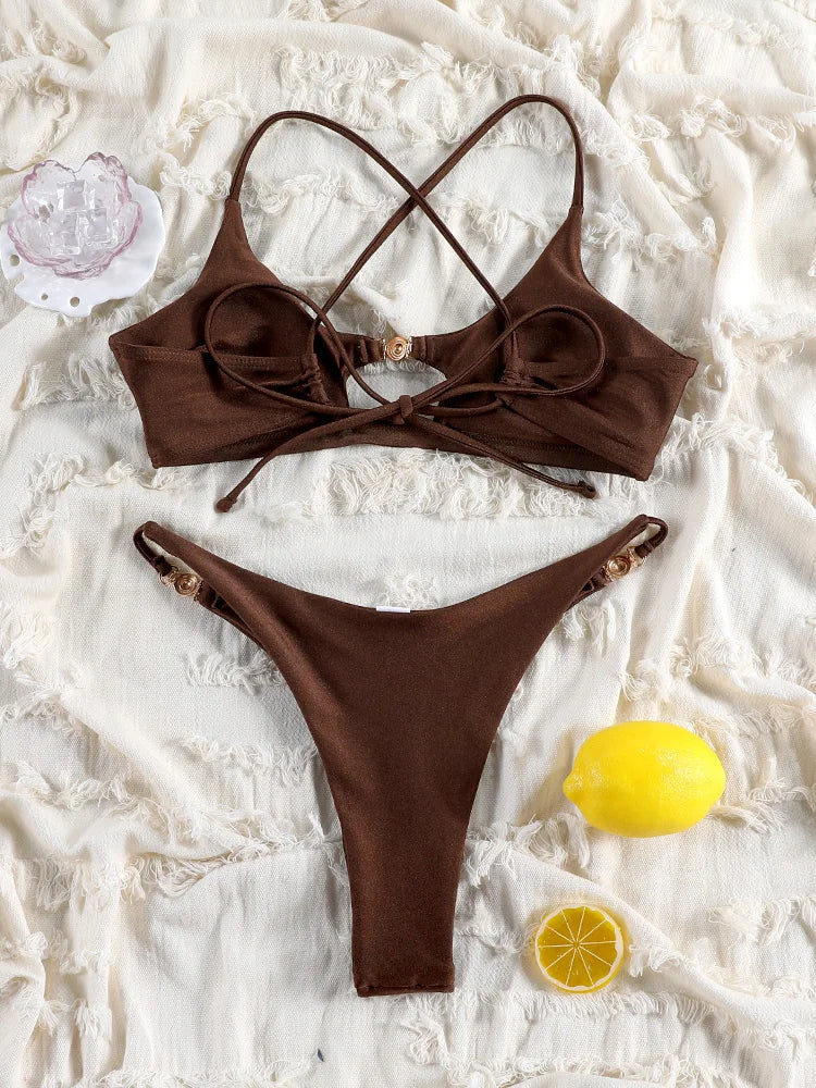 Solid Hollow-Out Push-Up Bikini Set