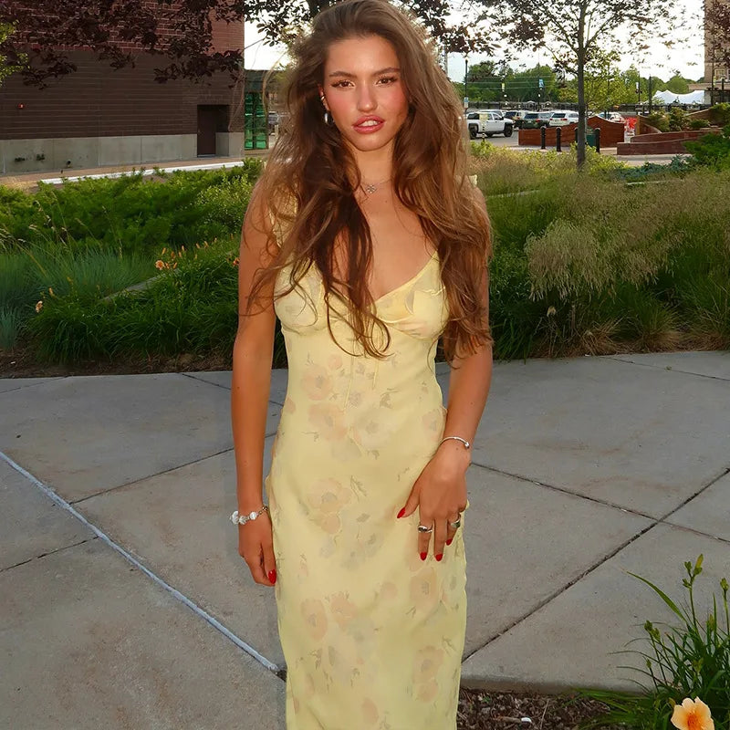 Floral Plunge Backless Maxi Dress