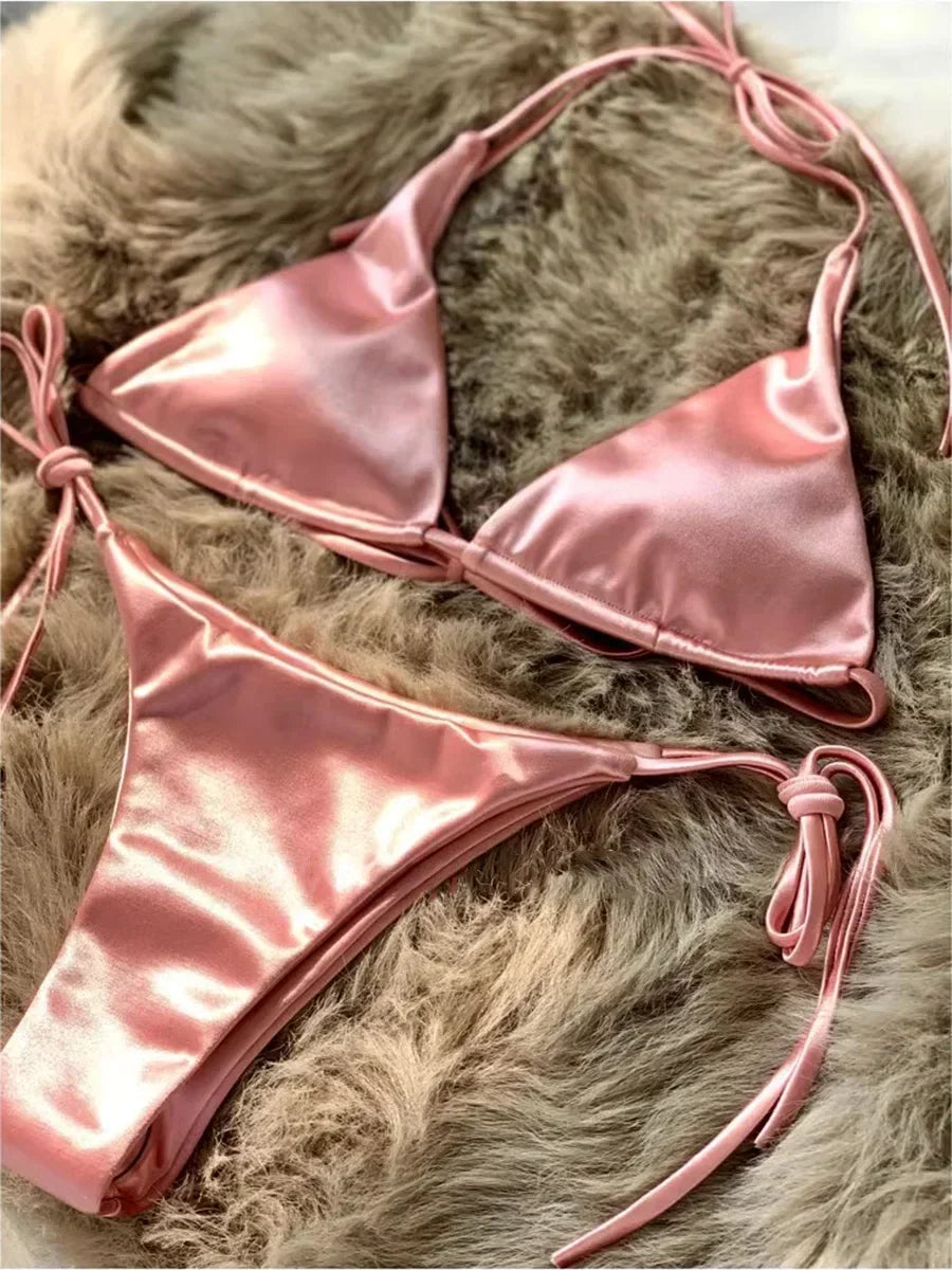 Metallic Satin Halter Bikini