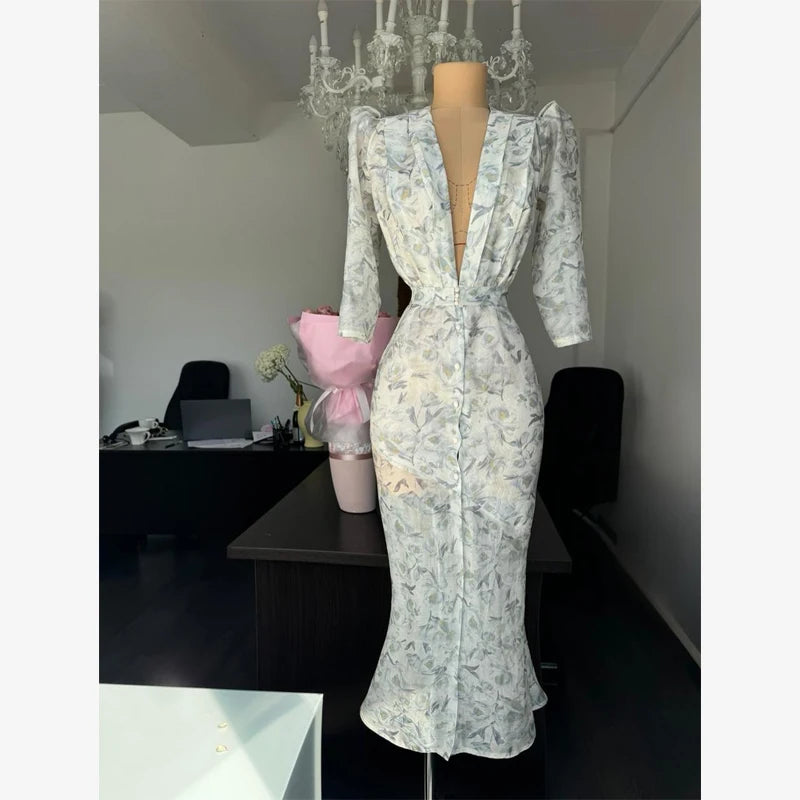 Organza Floral Puff-Sleeve Maxi Dress