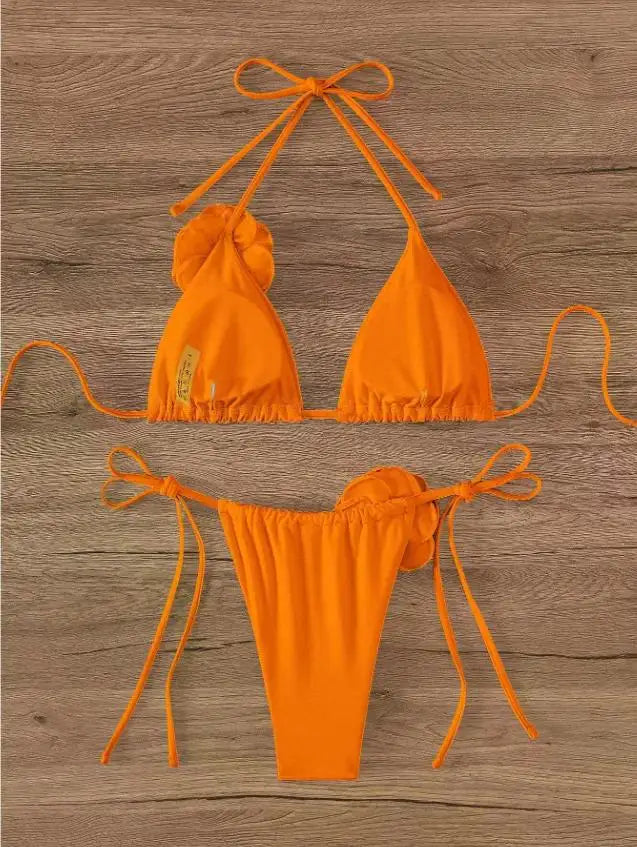3D Floral Halter Strappy Bikini Set
