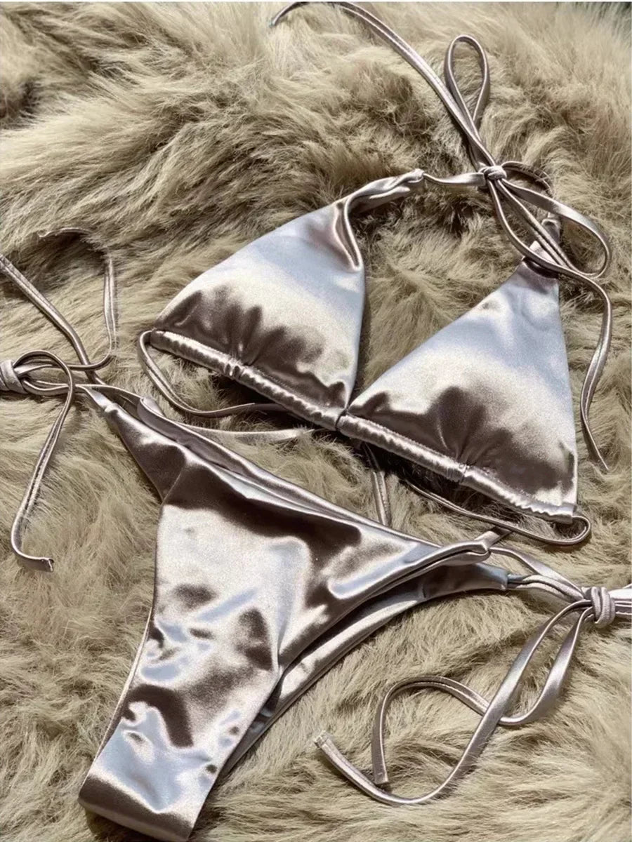 Metallic Satin Halter Bikini