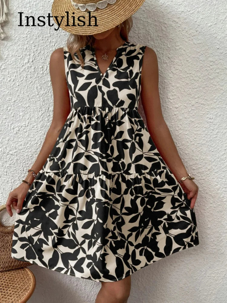 Green Leaf Print Tiered Mini Dress