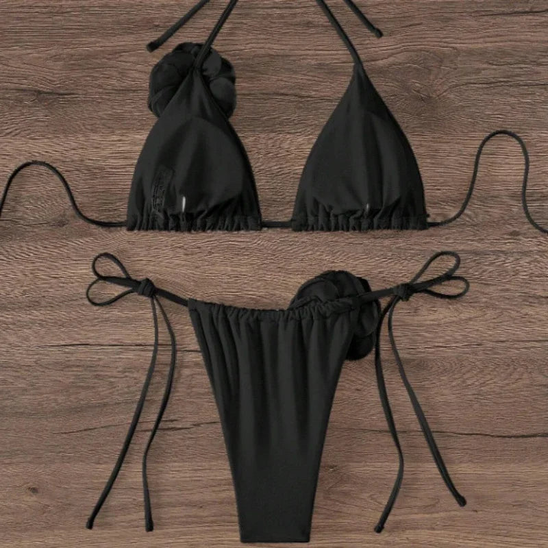 3D Floral Halter Strappy Bikini Set