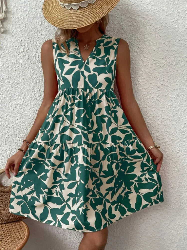 Green Leaf Print Tiered Mini Dress