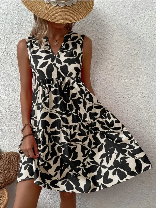 Green Leaf Print Tiered Mini Dress