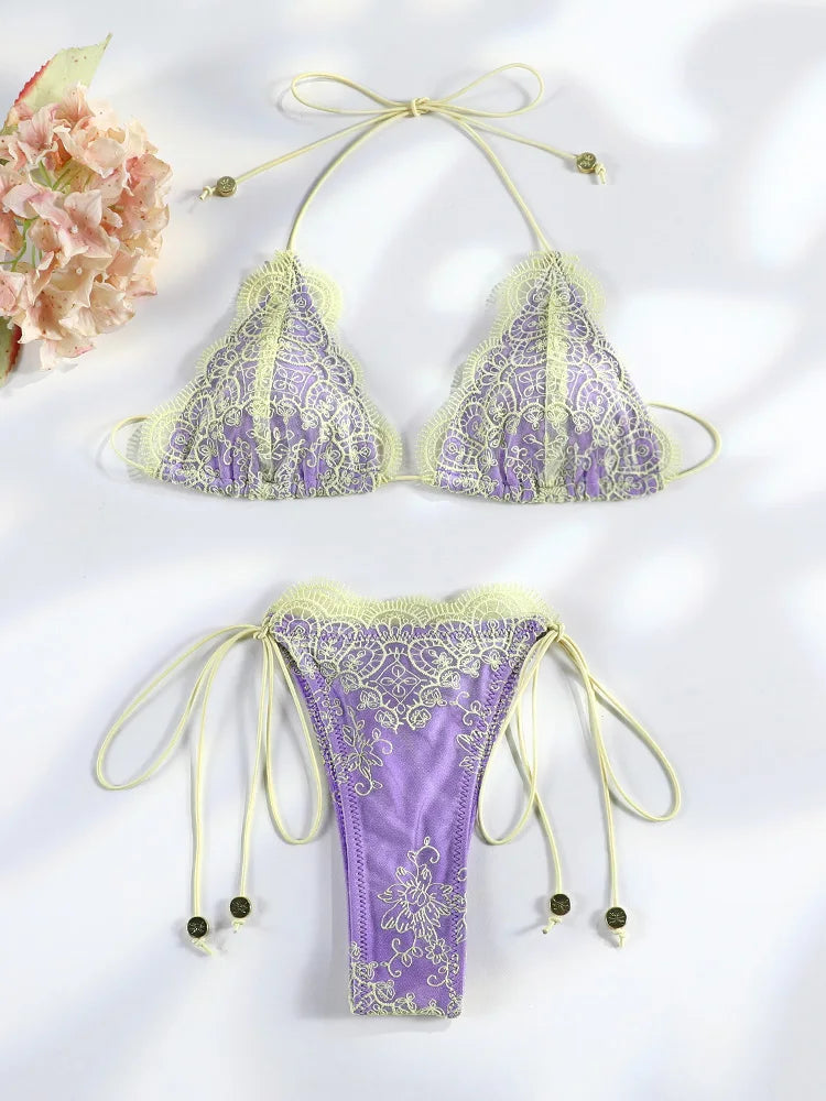 Hollow Lace Patchwork Triangle Bikini Set