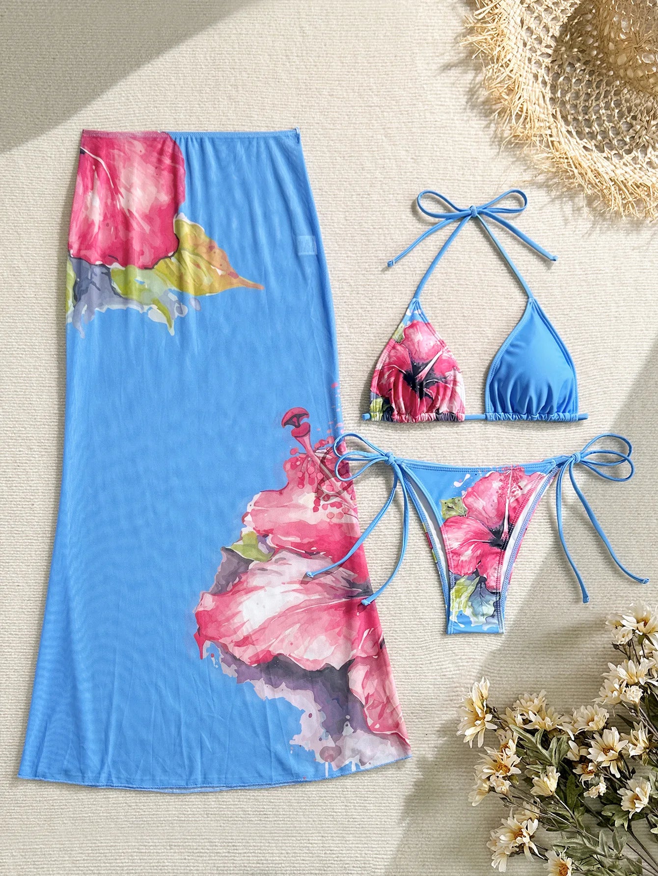 Floral Print 3-Piece High-Waist Bikini Set