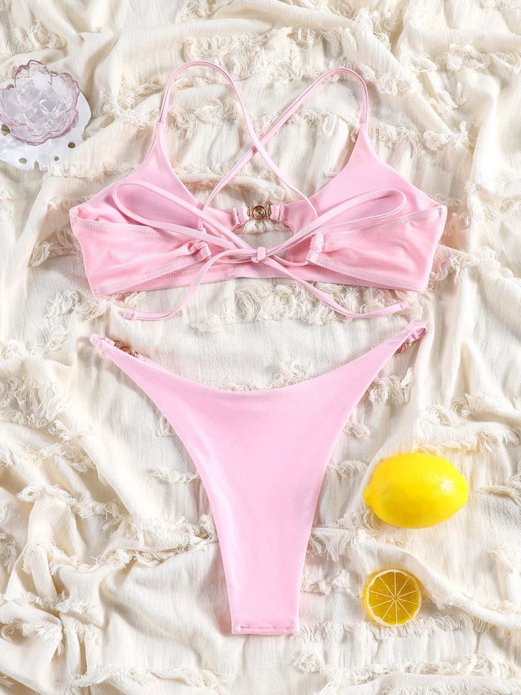 Solid Hollow-Out Push-Up Bikini Set