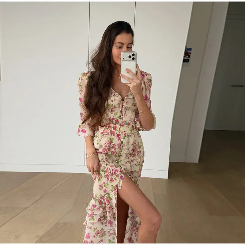 Organza Floral Puff-Sleeve Maxi Dress