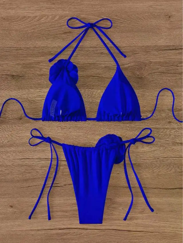 3D Floral Halter Strappy Bikini Set