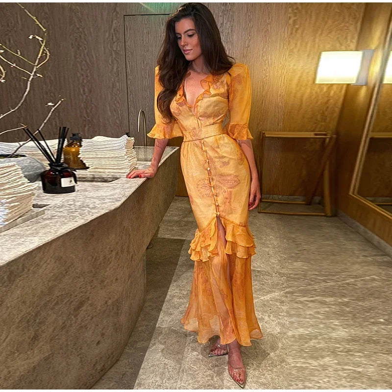Organza Floral Puff-Sleeve Maxi Dress