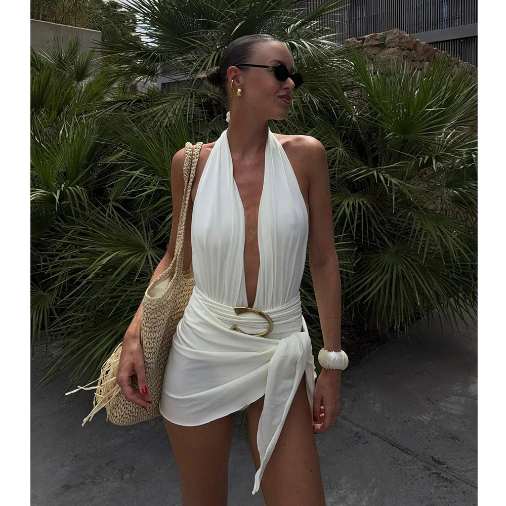 Solid Halter Micro Bikini and Sarong Set