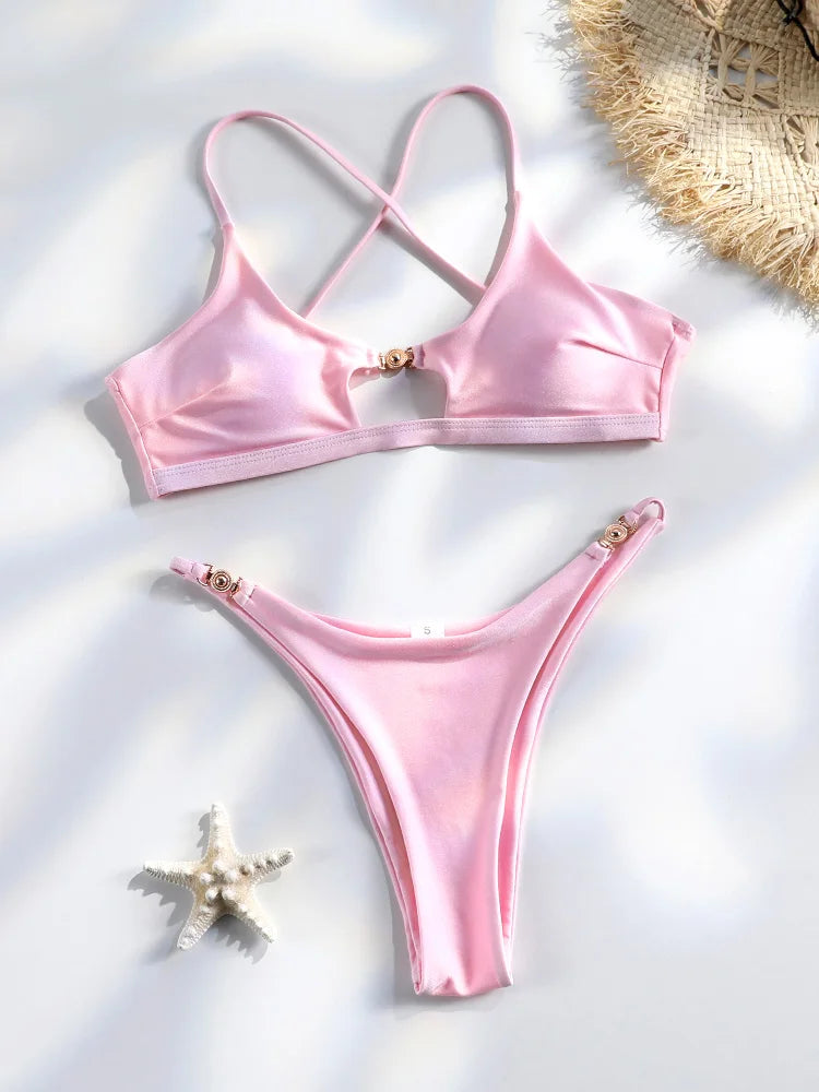Solid Bandage Triangle Bikini Set