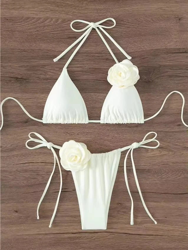 3D Floral Halter Strappy Bikini Set